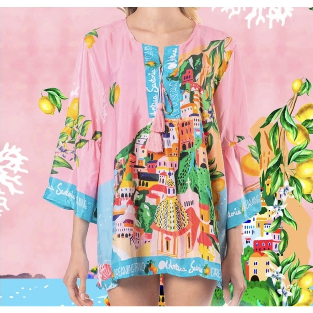 Antica Sartoria Capri by the sea Pink blue Colorful Printed Blouse NWT O/S - Picture 4 of 4